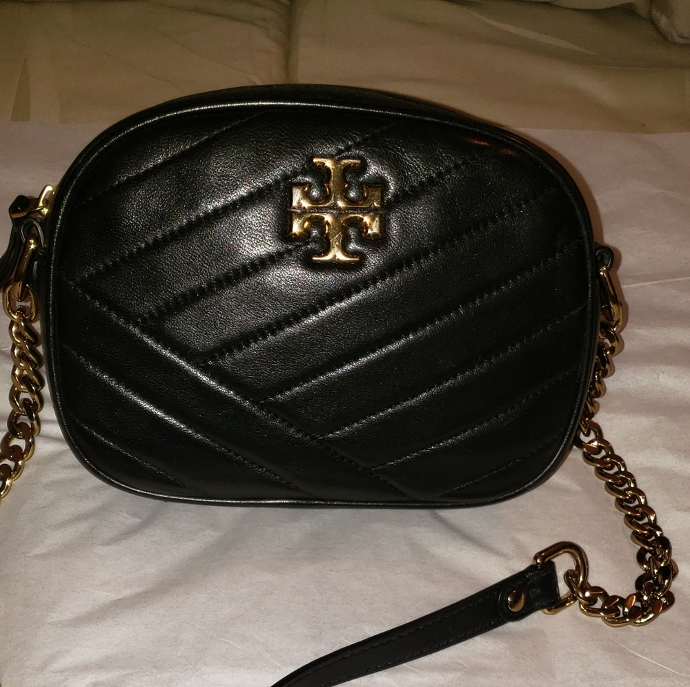 Tory Burch Leather Crossbody "Kira" Chevron Quilted Small Camera Bag, Black